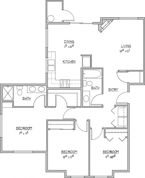 Floor plan for 3 beds, 2 baths, 1154 sqft